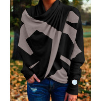 Geometric Print Draped Design Long Sleeve Top - black