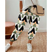 Geometric Print Drawstring Pocket Design Pants - green