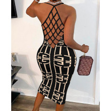 Geometric Print Fishnet Backless Bodycon Dress - black