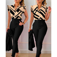 Geometric Print Flutter Sleeve Top & Pants Set With Belt - black