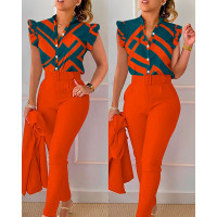 Geometric Print Flutter Sleeve Top & Pants Set With Belt - orange