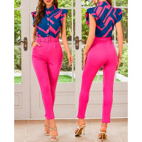 Geometric Print Flutter Sleeve Top & Pants Set With Belt - rose red