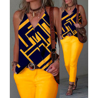 Geometric Print Halter Tank Top & Pants Set - dark yellow