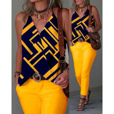 Geometric Print Halter Tank Top & Pants Set - dark yellow