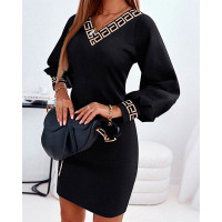 Geometric Print Lantern Sleeve Casual Dress - black