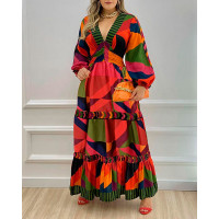 Geometric Print Lantern Sleeve Maxi Dress - Multicolor