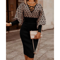 Geometric Print Lantern Sleeve Midi Dress - black