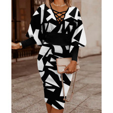 Geometric Print Lantern Sleeve Midi Dress - blackwhite