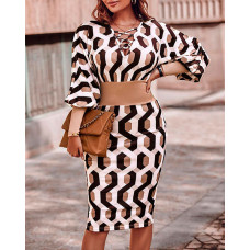 Geometric Print Lantern Sleeve Midi Dress - brown