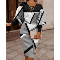 Geometric Print Lantern Sleeve Midi Dress - gray