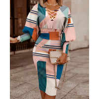 Geometric Print Lantern Sleeve Midi Dress - Multicolor