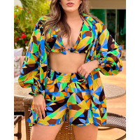 Geometric Print Lantern Sleeve Top & Shorts Set With Bralette - Multicolor