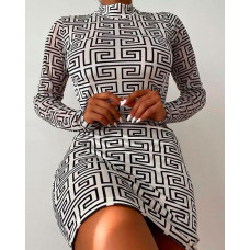 Geometric Print Long Sleeve Bodycon Dress - white