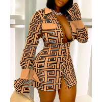 Geometric Print Long Sleeve Button Down Shirt Dress - brown