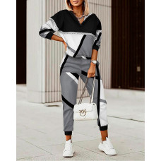 Geometric Print Long Sleeve Casual Top & Pants Set - gray