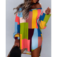 Geometric Print Long Sleeve Dress - Multicolor