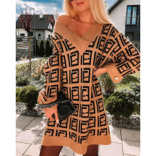 Geometric Print Long Sleeve Sweater Dress - coffee