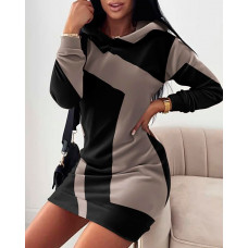 Geometric Print Long Sleeve Sweatshirt Dress - black