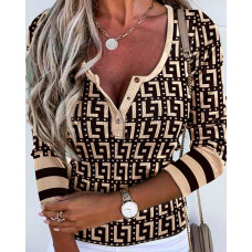 Geometric Print Long Sleeve Top - brown