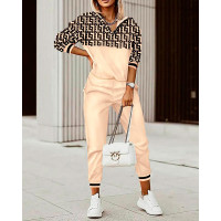 Geometric Print Long Sleeve Top & Pants Set - Apricot