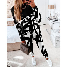 Geometric Print Long Sleeve Top & Pants Set - blackwhite