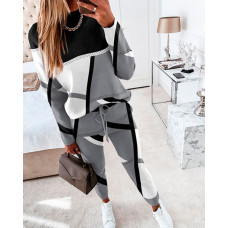 Geometric Print Long Sleeve Top & Pants Set - gray