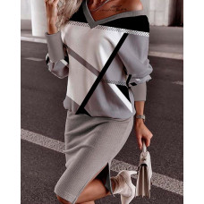 Geometric Print Long Sleeve Top & Split Hem Skirt Set - gray