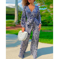 Geometric Print Long Sleeve Wide Leg Jumpsuit - blackwhite