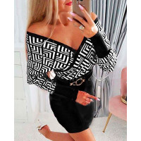 Geometric Print Long Sleeve Wrap Dress - black