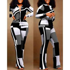 Geometric Print Long Sleeve Zip Up Top & Pants Set - blackwhite