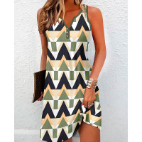 Geometric Print Notch Neck Casual Dress - green