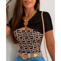 Geometric Print O-Ring Cutout Top - black