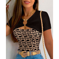 Geometric Print O-Ring Cutout Top - black