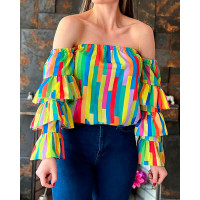 Geometric Print Off Shoulder Layered Sleeve Top - Multicolor