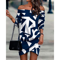 Geometric Print Off Shoulder Long Sleeve Dress - blue