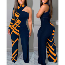 Geometric Print One Shoulder Long Sleeve Jumpsuit - blue