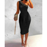 Geometric Print One Shoulder Ruched Bodycon Dress - black