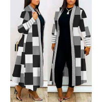 Geometric Print Open Front Longline Coat - blackwhite