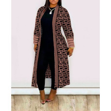 Geometric Print Open Front Longline Coat - brown