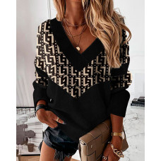 Geometric Print Patchwork Long Sleeve Top - black