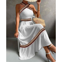 Geometric Print Patchwork Sleeveless Maxi Dress - white