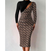 Geometric Print Patchwork Zipper Front Bodycon Dress - black