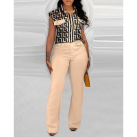 Geometric Print Pocket Design Top & Casual Pants Set - Apricot