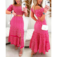 Geometric Print Shirred Off Shoulder Top & Slit Skirt Set - pink