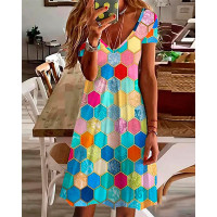 Geometric Print Short Sleeve V-Neck Casual Dress - Multicolor