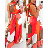 Geometric Print Sleeveless Pleated Wide Leg Jumpsuit - Multicolor