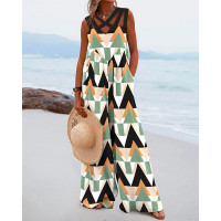 Geometric Print Sleeveless Wide Leg Jumpsuit - Multicolor