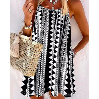 Geometric Print Spaghetti Strap Casual Dress - black