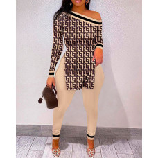 Geometric Print Split Hem Long Sleeve Top & Pants Set - khaki