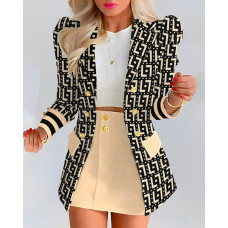 Geometric Print Striped Buttoned Blazer Coat & Skirt Set - Apricot